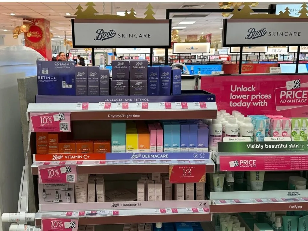 A stand in Boots showing Boots skincare to save money when shopping in store or online