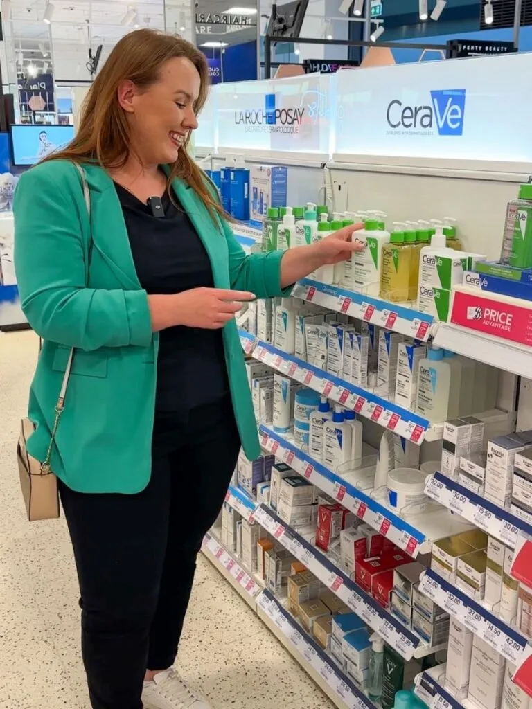 Chloe shopping in Boots to save money standing in front of skin care brand CeraVe