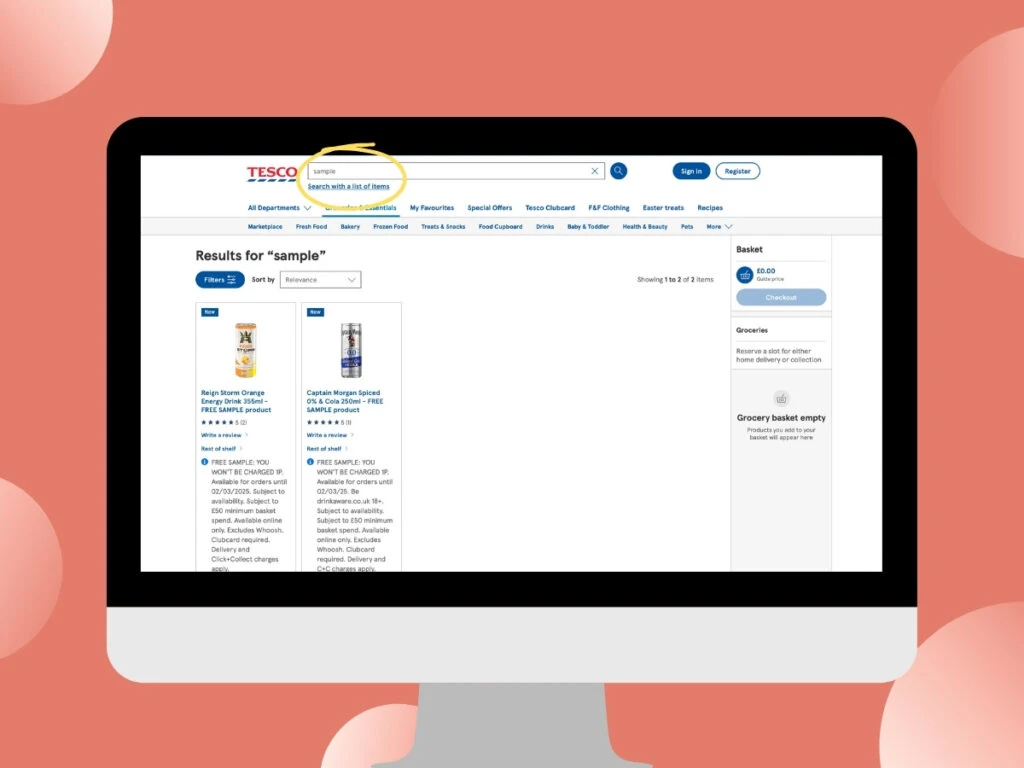 Screenshot of Tesco website showing sample freebies you can claim when shopping at Tesco