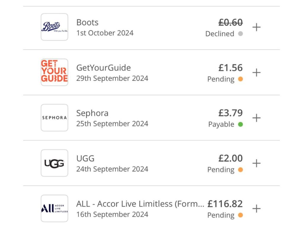 A screenshot of a TopCashback account showing earnings that are available, pending and declined