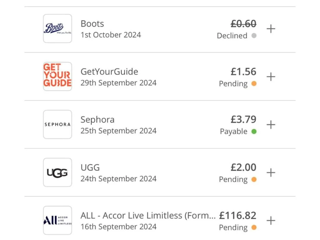 A screenshot of a TopCashback account showing earnings that are available, pending and declined