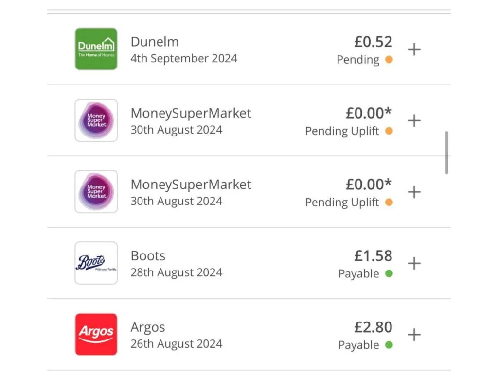 A screenshot of a TopCashback account showing earnings including pending, pending uplift and amounts that are payable