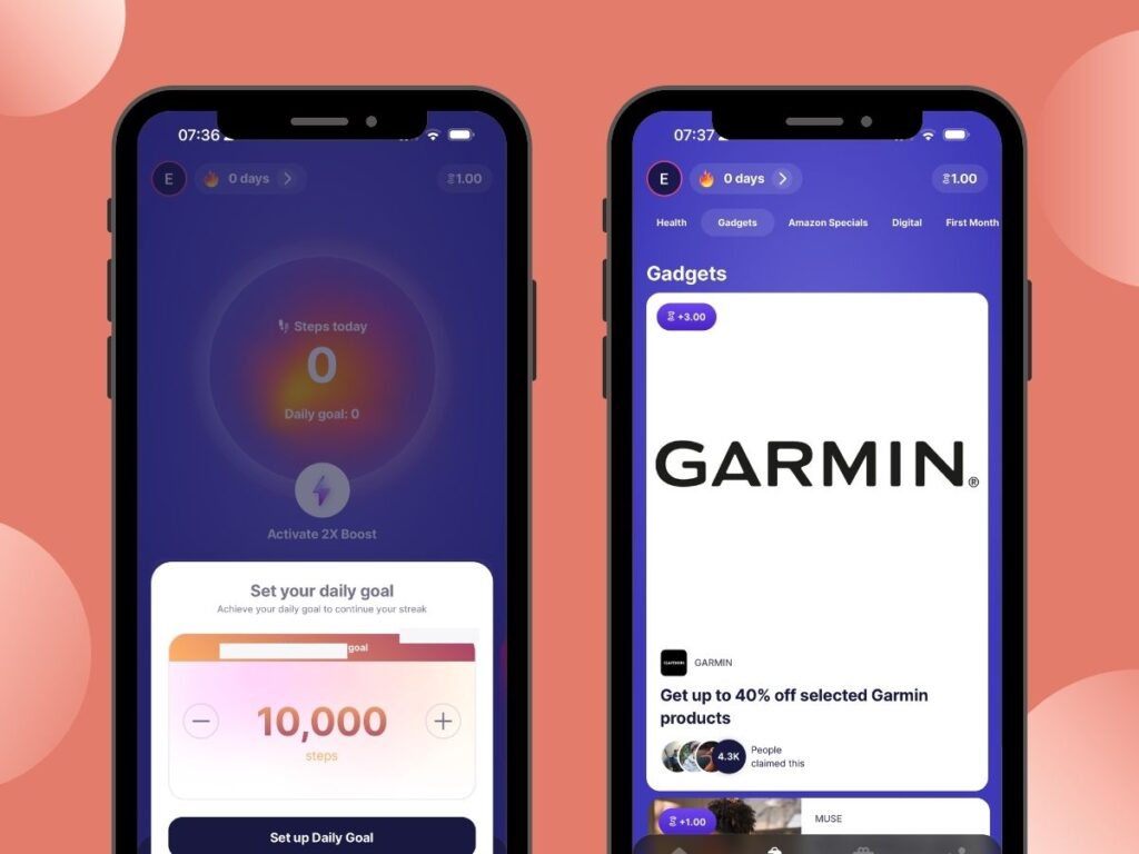 Sweatcoin app screenshot showing how to earn rewards whilst you walk