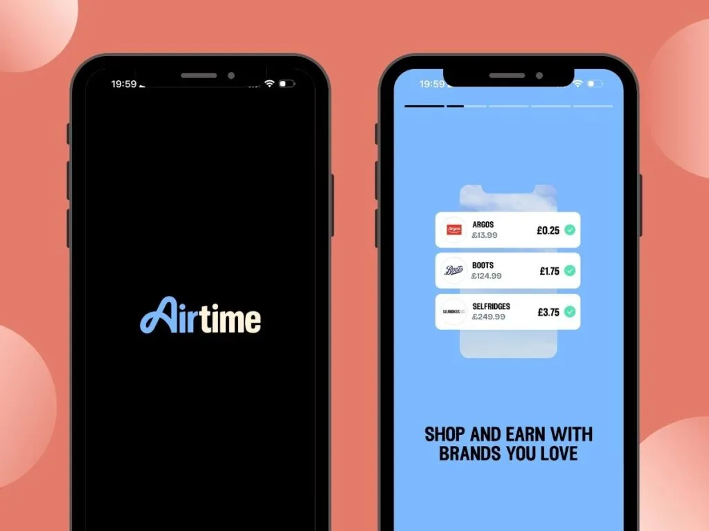 Airtime rewards mobile phone screenshot showing how to save and earn cash back