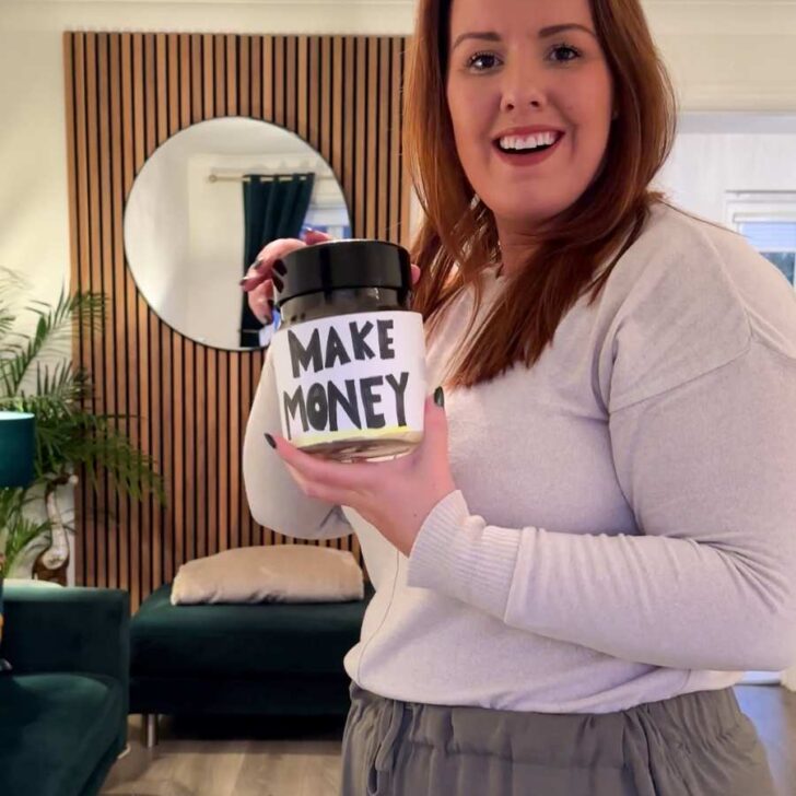 Chloe holding a money box to show earning money whilst you shop online using JamDoughnut cashback app