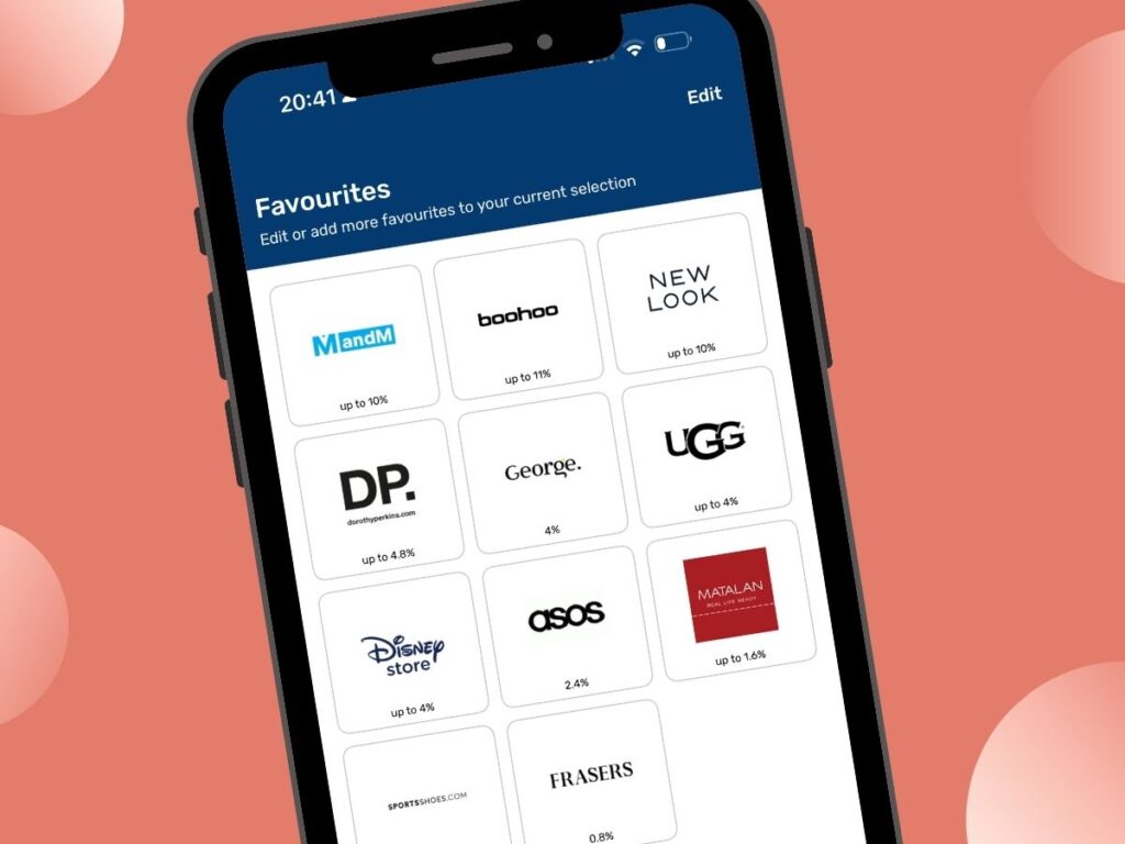 Mobile screenshot showing the retailers available on the Quidco cashback app