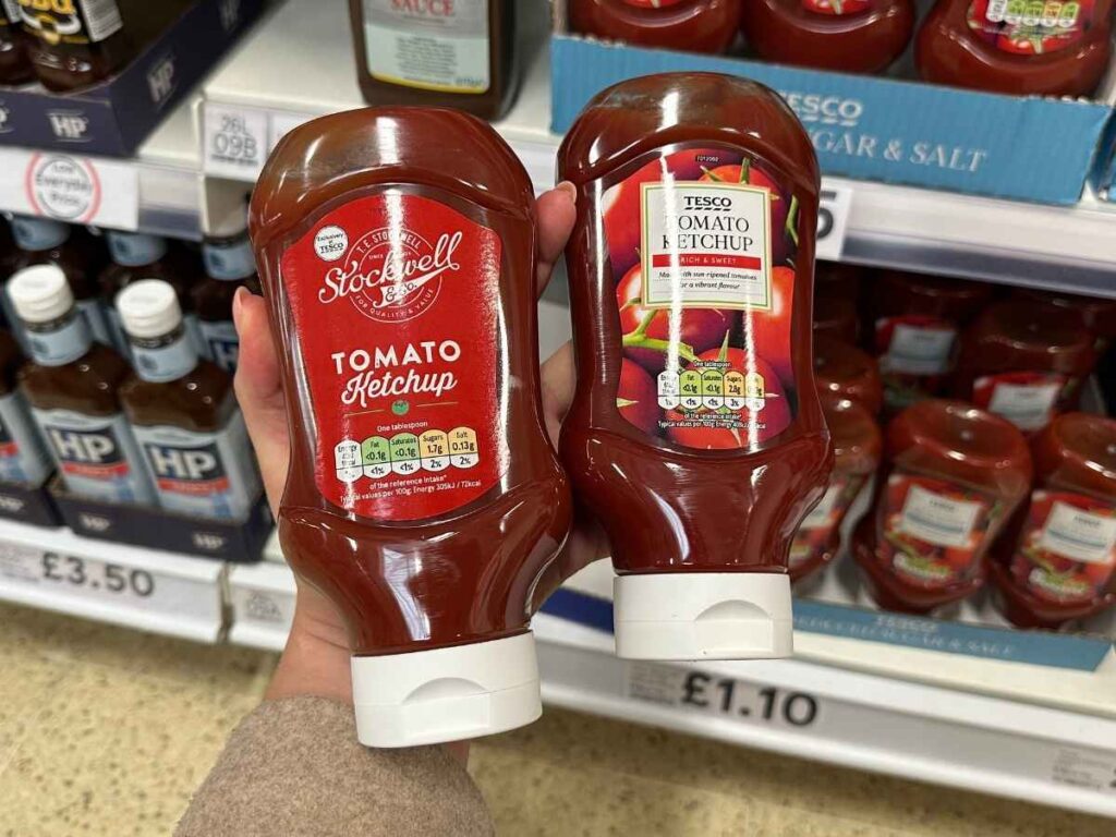 Tesco own tomato sauce from their Tesco own range and their budget range to save money