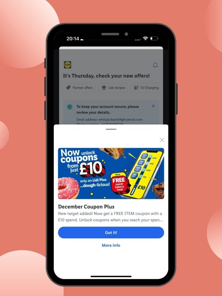 A mobile phone screen with the Lidl Plus app with vouchers to save money