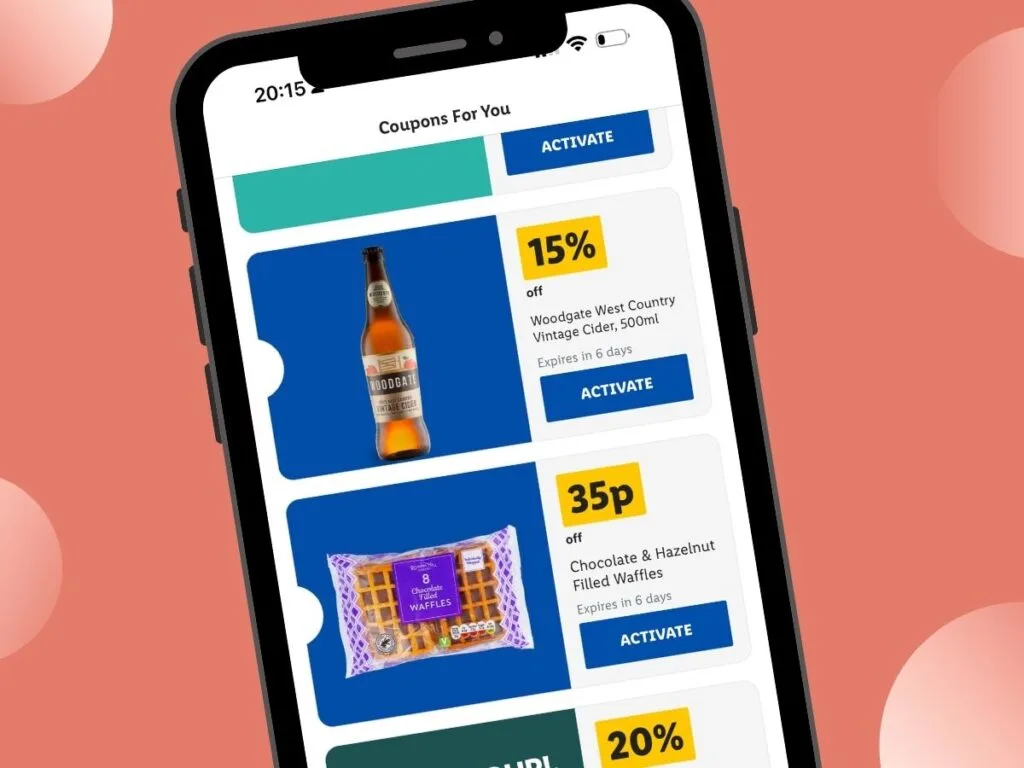 A mobile phone screen showing the Lidl plus app with coupons to save money