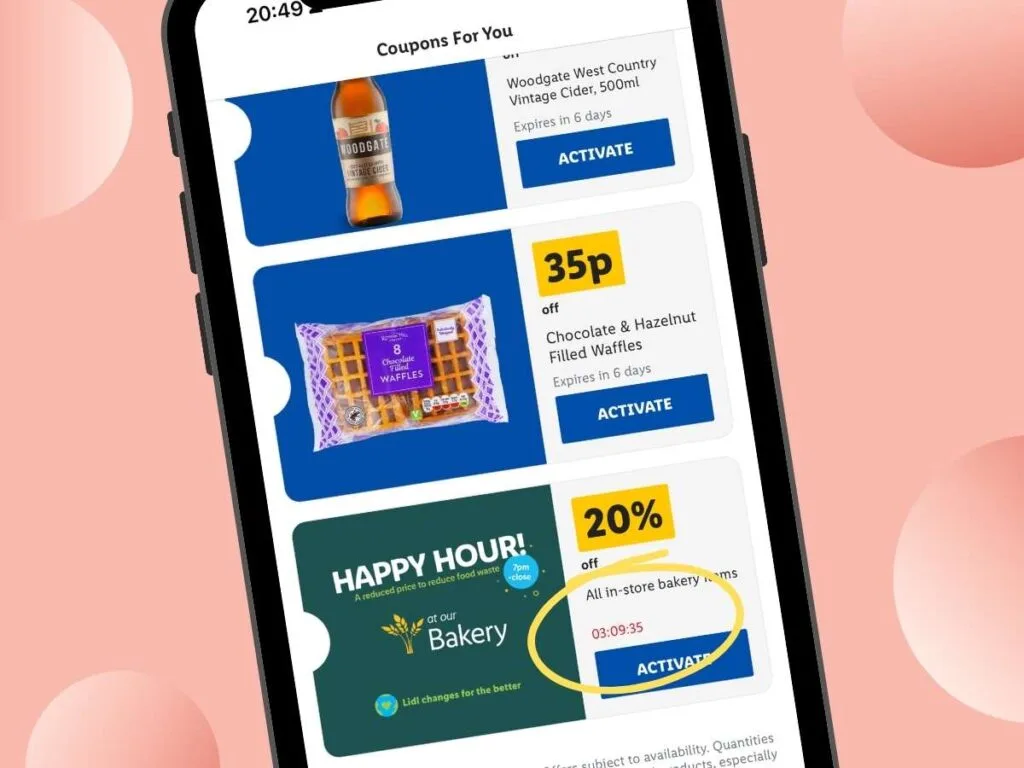 A mobile phone screen showing Lidl Plus app with happy hour bakery offer to save money