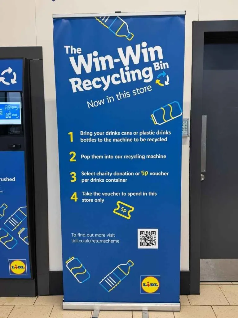 Win Win Recycling Bin signage at a Lidl store to save money and earn vouchers