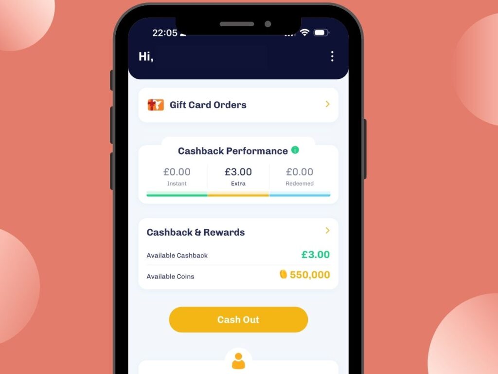 A mobile phone screenshot displaying the everup app and cashback balance