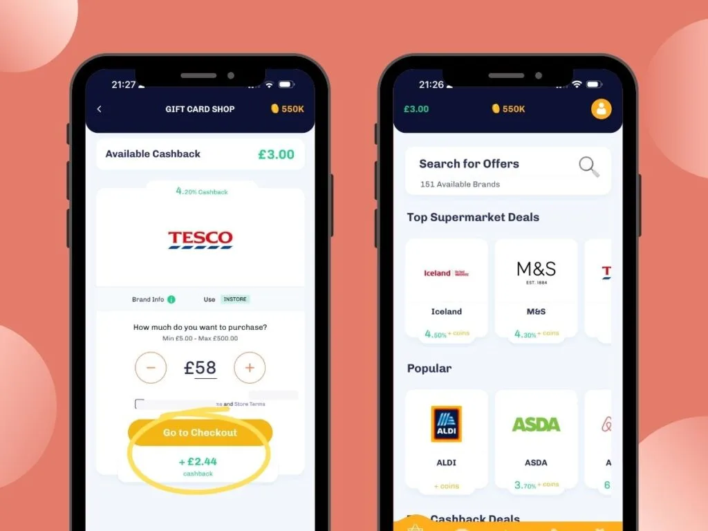 Mobile phone screenshots showing retailers and gift card for Tesco and cashback available