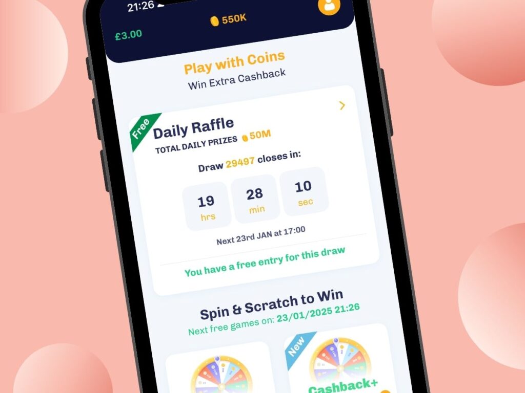 A mobille phone screenshot displaying everup app games to win more cashback and coins